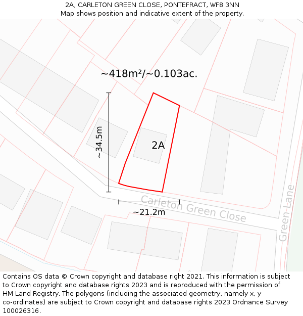 2A, CARLETON GREEN CLOSE, PONTEFRACT, WF8 3NN: Plot and title map