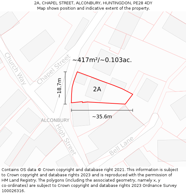 2A, CHAPEL STREET, ALCONBURY, HUNTINGDON, PE28 4DY: Plot and title map