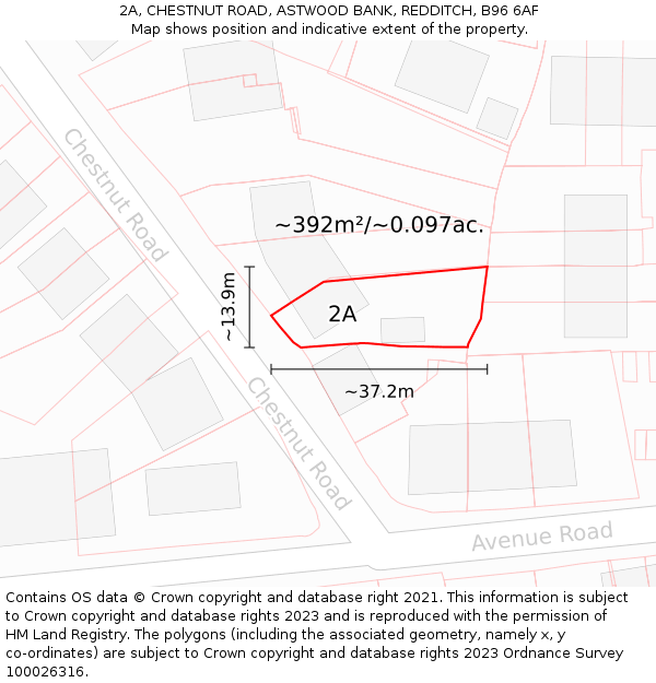 2A, CHESTNUT ROAD, ASTWOOD BANK, REDDITCH, B96 6AF: Plot and title map