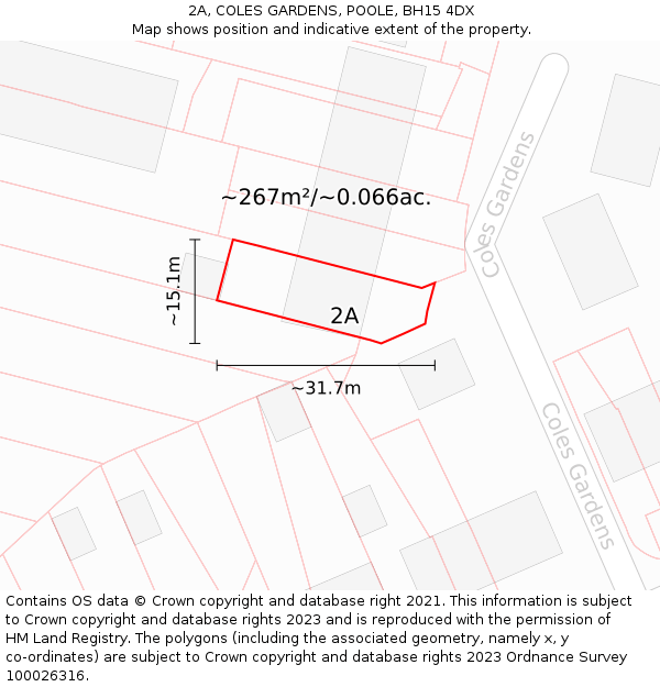 2A, COLES GARDENS, POOLE, BH15 4DX: Plot and title map