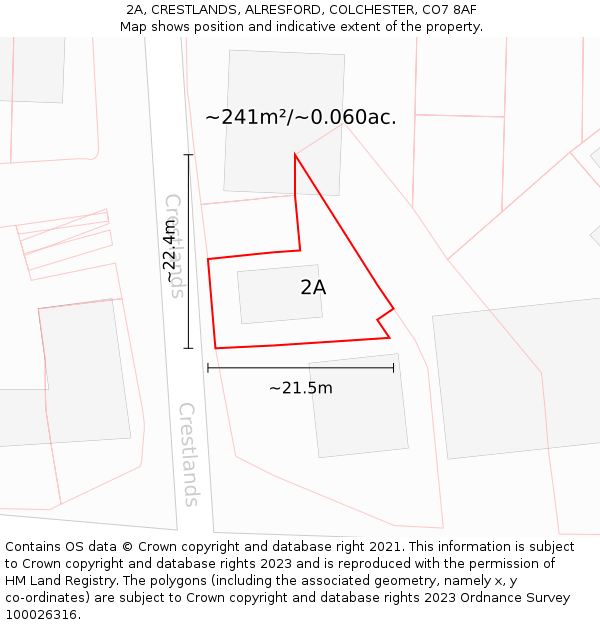 2A, CRESTLANDS, ALRESFORD, COLCHESTER, CO7 8AF: Plot and title map