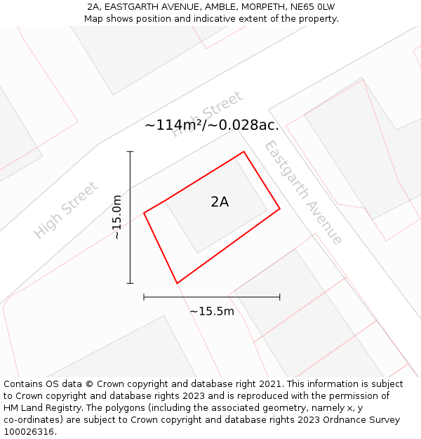 2A, EASTGARTH AVENUE, AMBLE, MORPETH, NE65 0LW: Plot and title map