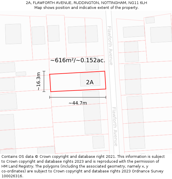 2A, FLAWFORTH AVENUE, RUDDINGTON, NOTTINGHAM, NG11 6LH: Plot and title map