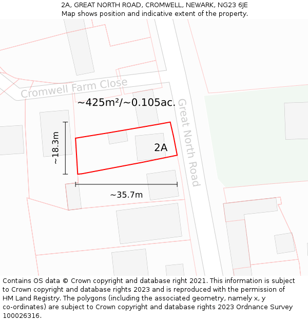 2A, GREAT NORTH ROAD, CROMWELL, NEWARK, NG23 6JE: Plot and title map