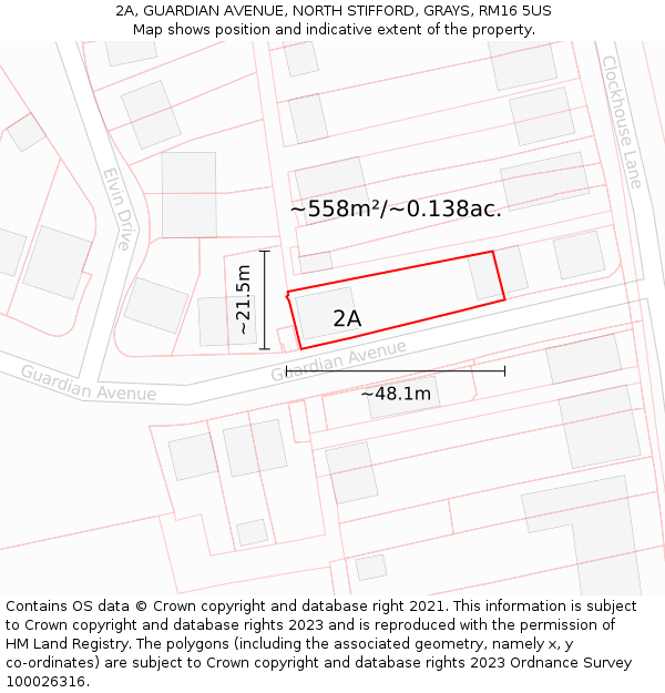 2A, GUARDIAN AVENUE, NORTH STIFFORD, GRAYS, RM16 5US: Plot and title map