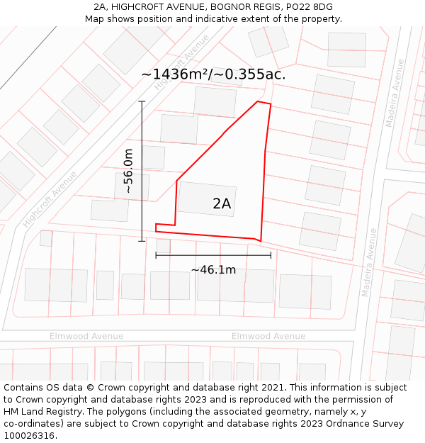 2A, HIGHCROFT AVENUE, BOGNOR REGIS, PO22 8DG: Plot and title map