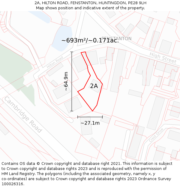 2A, HILTON ROAD, FENSTANTON, HUNTINGDON, PE28 9LH: Plot and title map