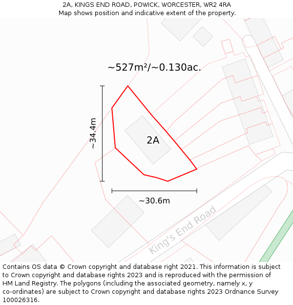 2A, KINGS END ROAD, POWICK, WORCESTER, WR2 4RA: Plot and title map