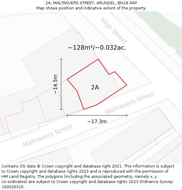 2A, MALTRAVERS STREET, ARUNDEL, BN18 9AP: Plot and title map