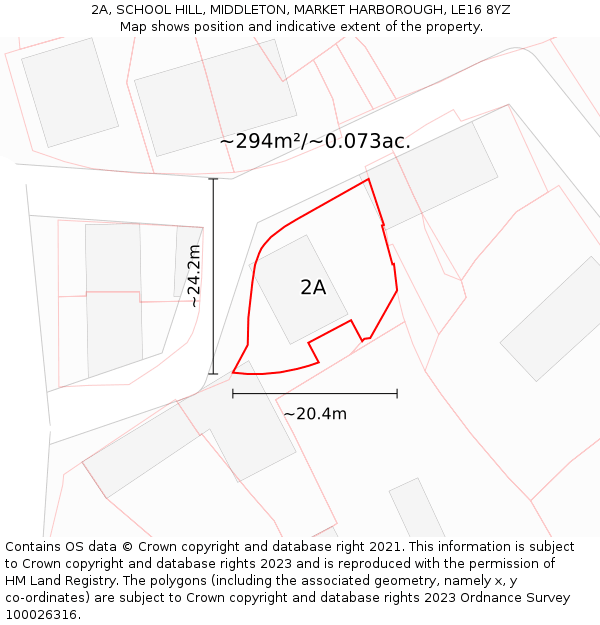 2A, SCHOOL HILL, MIDDLETON, MARKET HARBOROUGH, LE16 8YZ: Plot and title map