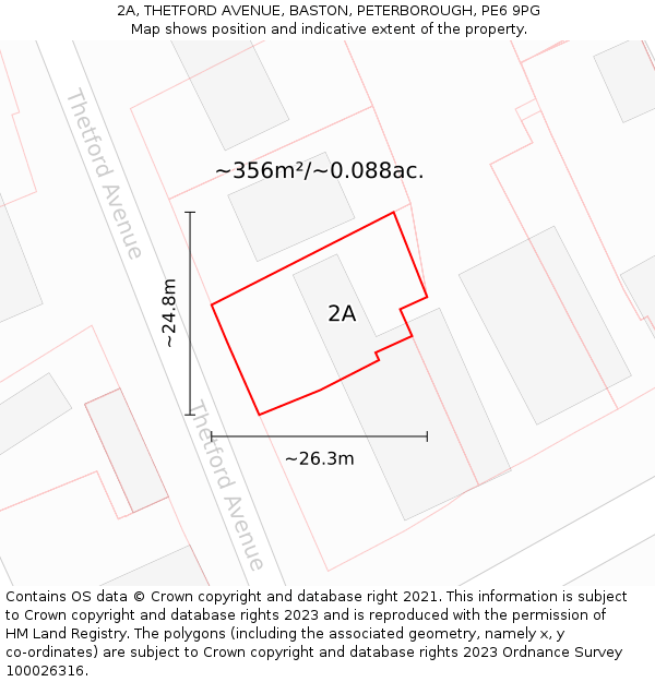 2A, THETFORD AVENUE, BASTON, PETERBOROUGH, PE6 9PG: Plot and title map