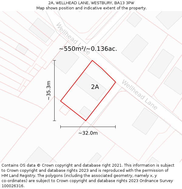 2A, WELLHEAD LANE, WESTBURY, BA13 3PW: Plot and title map