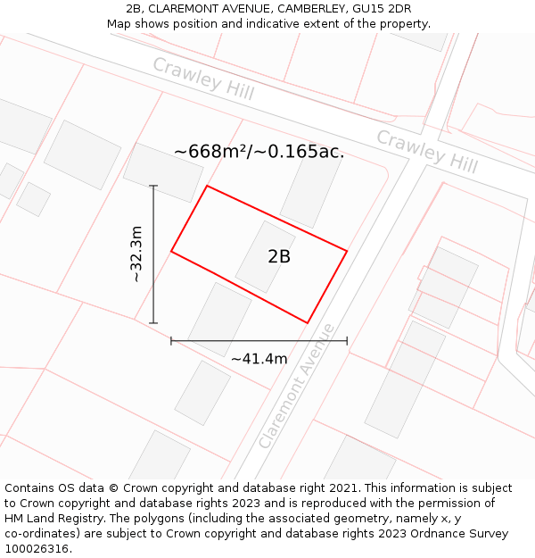 2B, CLAREMONT AVENUE, CAMBERLEY, GU15 2DR: Plot and title map