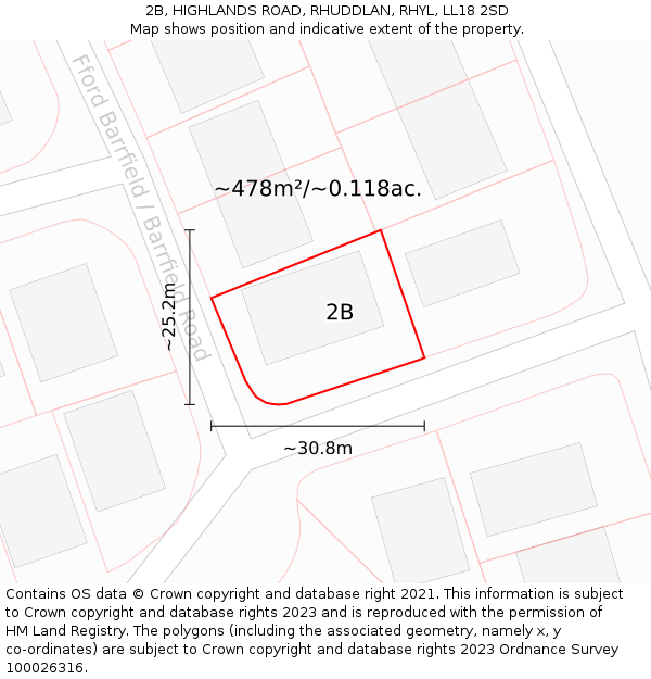 2B, HIGHLANDS ROAD, RHUDDLAN, RHYL, LL18 2SD: Plot and title map