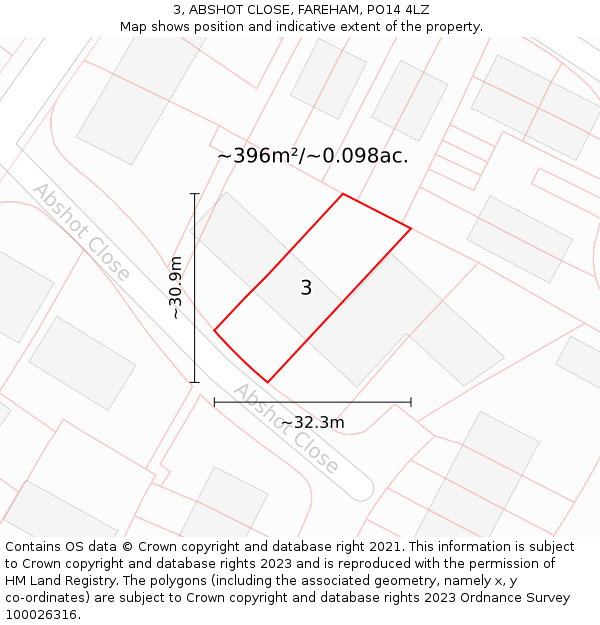 3, ABSHOT CLOSE, FAREHAM, PO14 4LZ: Plot and title map