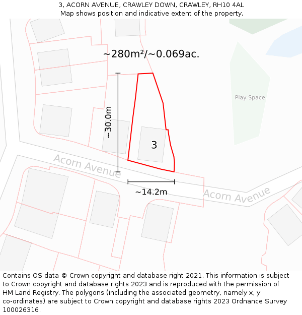 3, ACORN AVENUE, CRAWLEY DOWN, CRAWLEY, RH10 4AL: Plot and title map