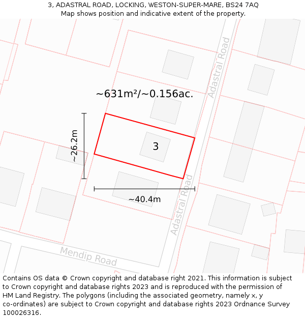 3, ADASTRAL ROAD, LOCKING, WESTON-SUPER-MARE, BS24 7AQ: Plot and title map