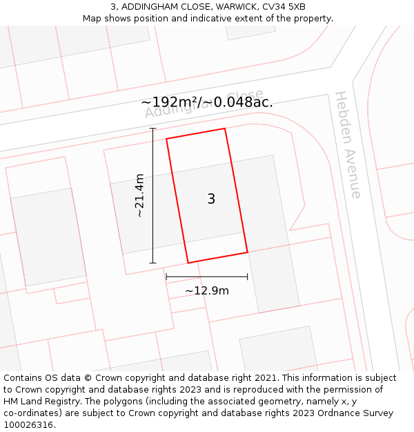 3, ADDINGHAM CLOSE, WARWICK, CV34 5XB: Plot and title map