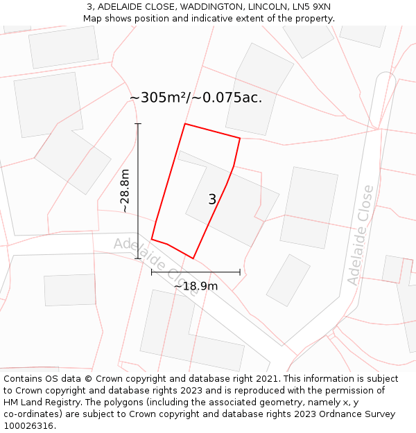 3, ADELAIDE CLOSE, WADDINGTON, LINCOLN, LN5 9XN: Plot and title map