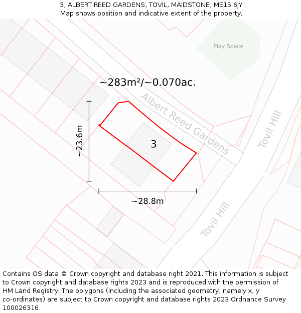 3, ALBERT REED GARDENS, TOVIL, MAIDSTONE, ME15 6JY: Plot and title map