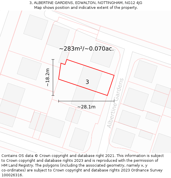 3, ALBERTINE GARDENS, EDWALTON, NOTTINGHAM, NG12 4JG: Plot and title map