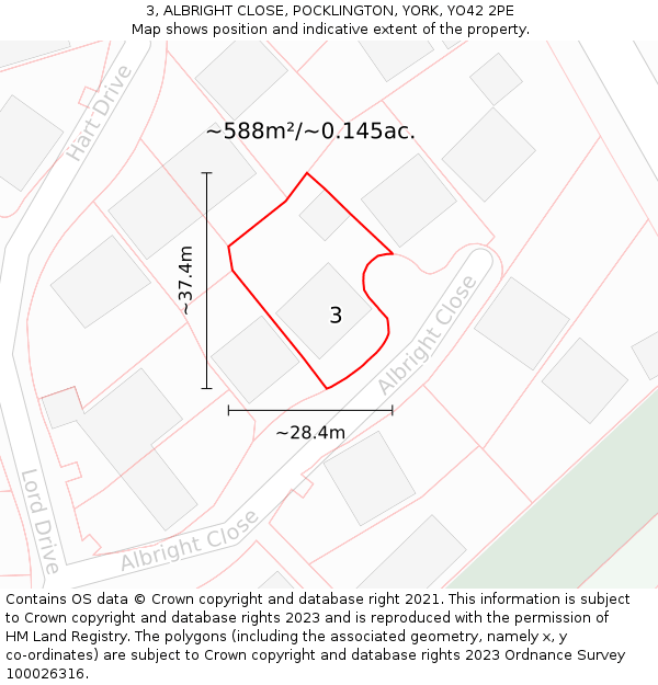 3, ALBRIGHT CLOSE, POCKLINGTON, YORK, YO42 2PE: Plot and title map