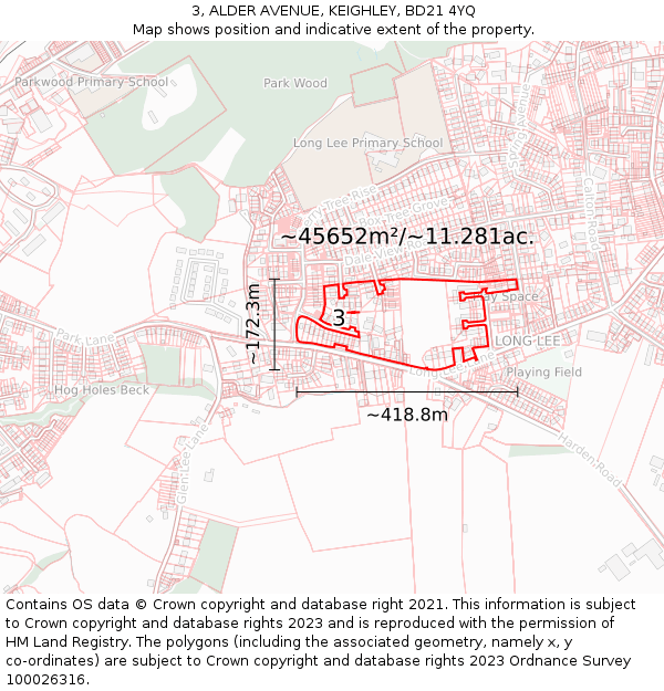 3, ALDER AVENUE, KEIGHLEY, BD21 4YQ: Plot and title map