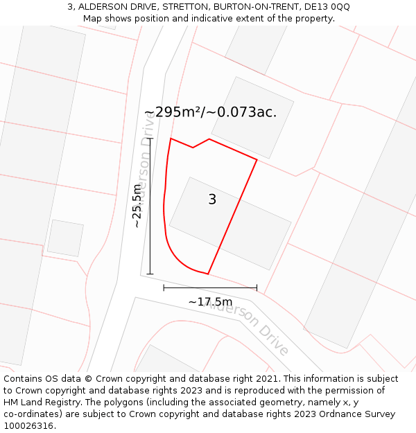 3, ALDERSON DRIVE, STRETTON, BURTON-ON-TRENT, DE13 0QQ: Plot and title map