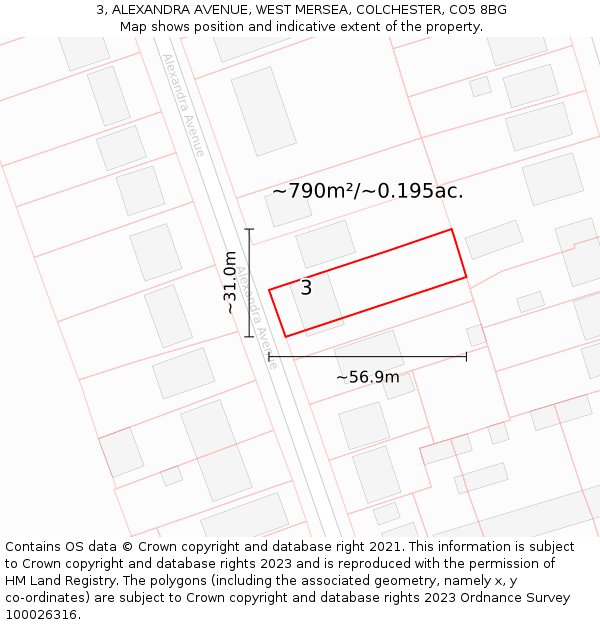 3, ALEXANDRA AVENUE, WEST MERSEA, COLCHESTER, CO5 8BG: Plot and title map