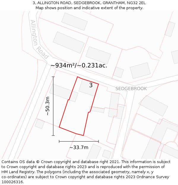 3, ALLINGTON ROAD, SEDGEBROOK, GRANTHAM, NG32 2EL: Plot and title map