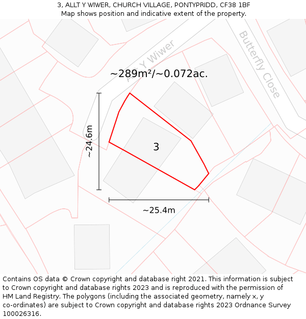 3, ALLT Y WIWER, CHURCH VILLAGE, PONTYPRIDD, CF38 1BF: Plot and title map