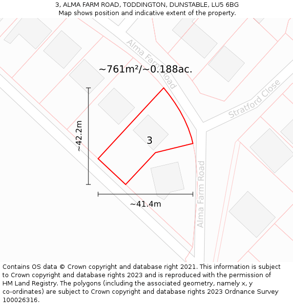3, ALMA FARM ROAD, TODDINGTON, DUNSTABLE, LU5 6BG: Plot and title map