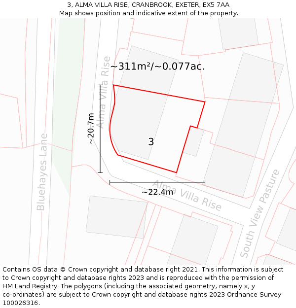 3, ALMA VILLA RISE, CRANBROOK, EXETER, EX5 7AA: Plot and title map