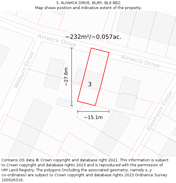 3, ALNWICK DRIVE, BURY, BL9 8BZ: Plot and title map