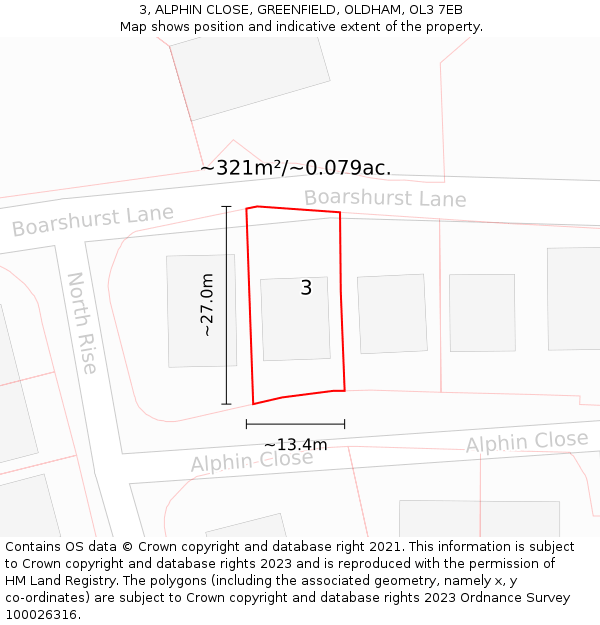 3, ALPHIN CLOSE, GREENFIELD, OLDHAM, OL3 7EB: Plot and title map
