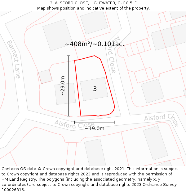 3, ALSFORD CLOSE, LIGHTWATER, GU18 5LF: Plot and title map