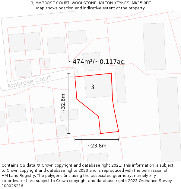 3, AMBROSE COURT, WOOLSTONE, MILTON KEYNES, MK15 0BE: Plot and title map