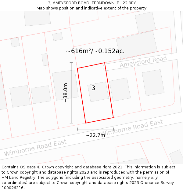 3, AMEYSFORD ROAD, FERNDOWN, BH22 9PY: Plot and title map