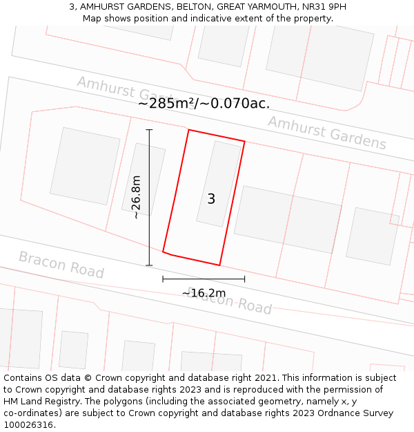 3, AMHURST GARDENS, BELTON, GREAT YARMOUTH, NR31 9PH: Plot and title map