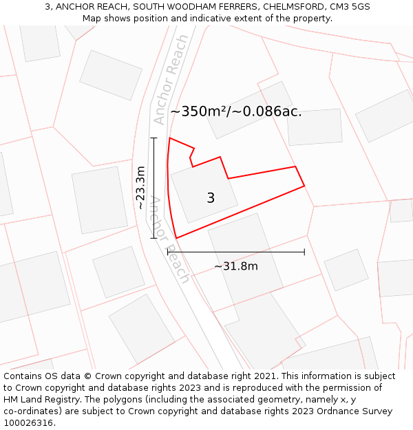 3, ANCHOR REACH, SOUTH WOODHAM FERRERS, CHELMSFORD, CM3 5GS: Plot and title map