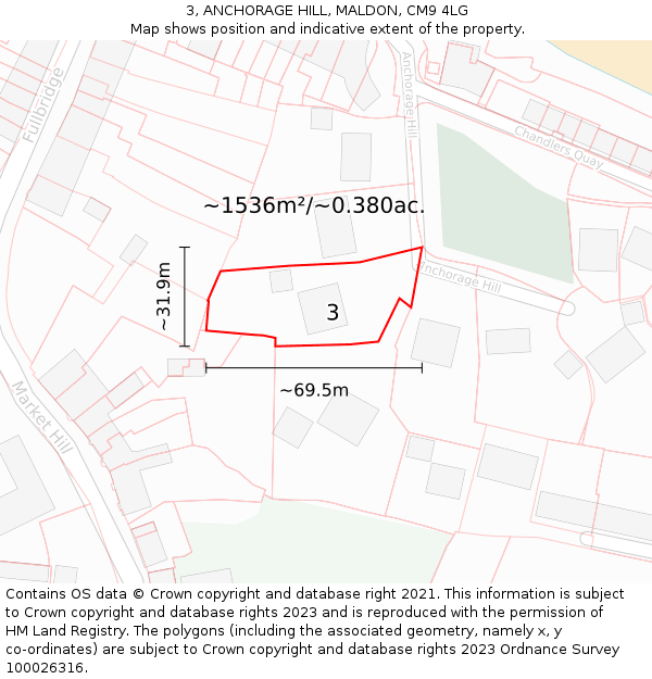 3, ANCHORAGE HILL, MALDON, CM9 4LG: Plot and title map