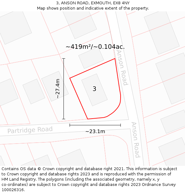 3, ANSON ROAD, EXMOUTH, EX8 4NY: Plot and title map