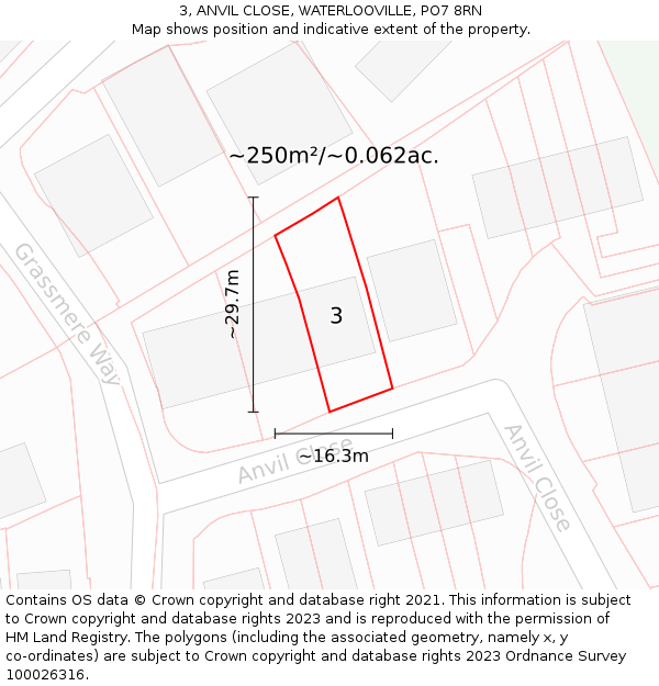 3, ANVIL CLOSE, WATERLOOVILLE, PO7 8RN: Plot and title map