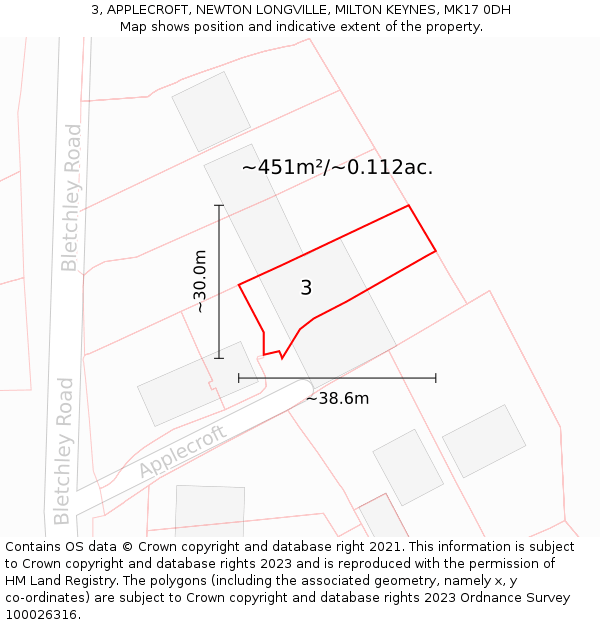 3, APPLECROFT, NEWTON LONGVILLE, MILTON KEYNES, MK17 0DH: Plot and title map