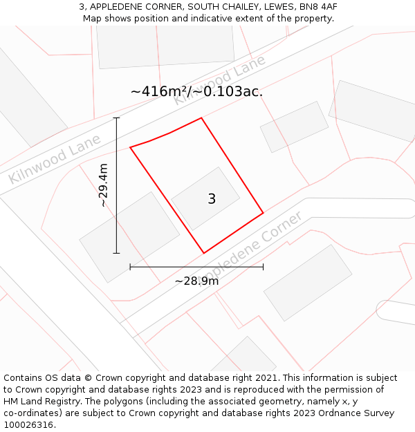 3, APPLEDENE CORNER, SOUTH CHAILEY, LEWES, BN8 4AF: Plot and title map