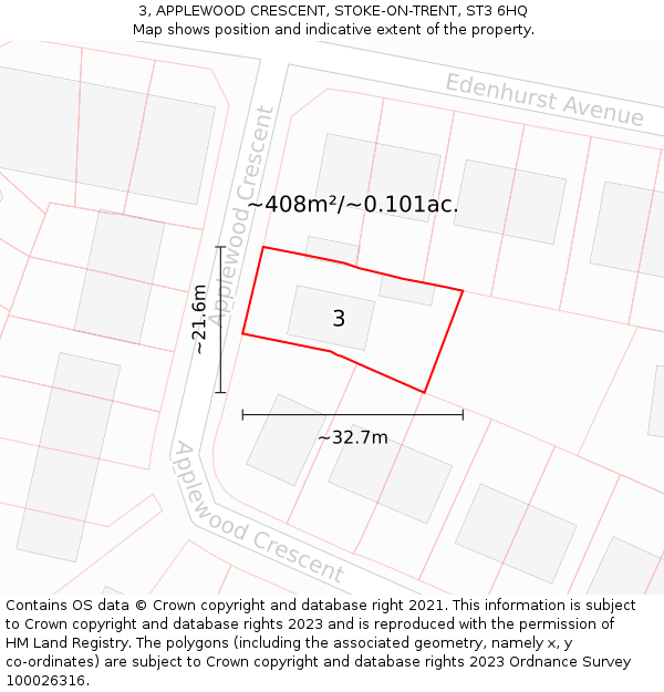 3, APPLEWOOD CRESCENT, STOKE-ON-TRENT, ST3 6HQ: Plot and title map