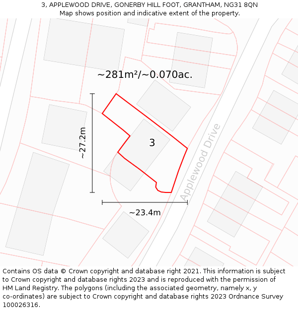 3, APPLEWOOD DRIVE, GONERBY HILL FOOT, GRANTHAM, NG31 8QN: Plot and title map