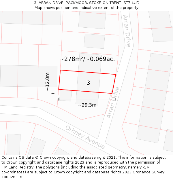 3, ARRAN DRIVE, PACKMOOR, STOKE-ON-TRENT, ST7 4UD: Plot and title map