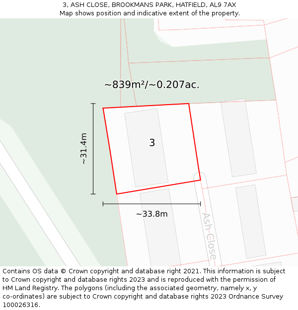 3, ASH CLOSE, BROOKMANS PARK, HATFIELD, AL9 7AX: Plot and title map