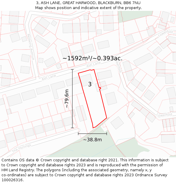 3, ASH LANE, GREAT HARWOOD, BLACKBURN, BB6 7NU: Plot and title map